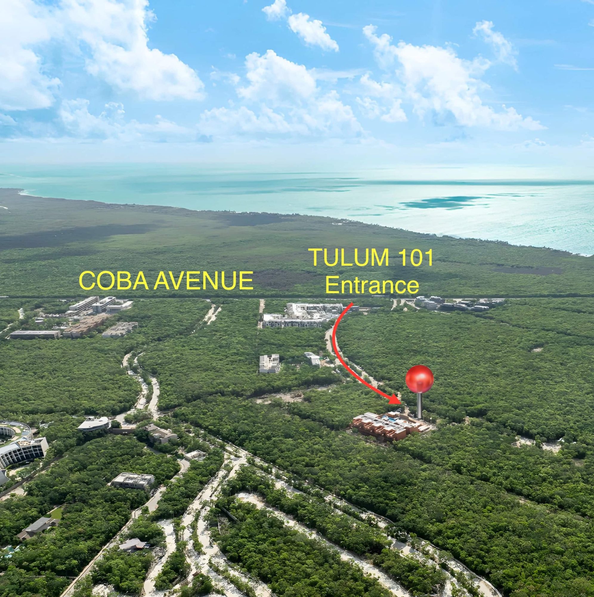 Aerial map showing the TULUM 101 entrance on Coba Avenue with the sea in the distance