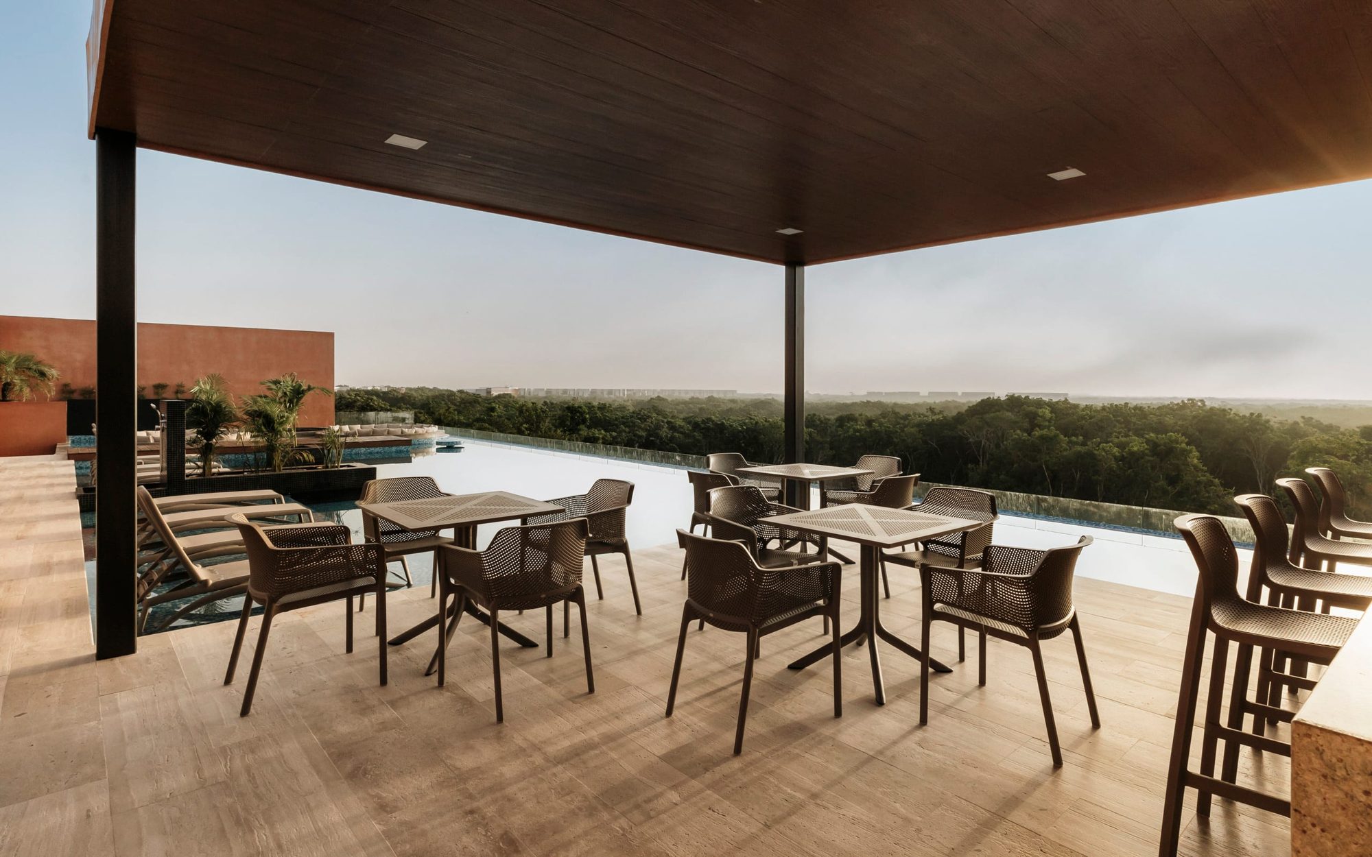 Covered rooftop seating overlooking the jungle