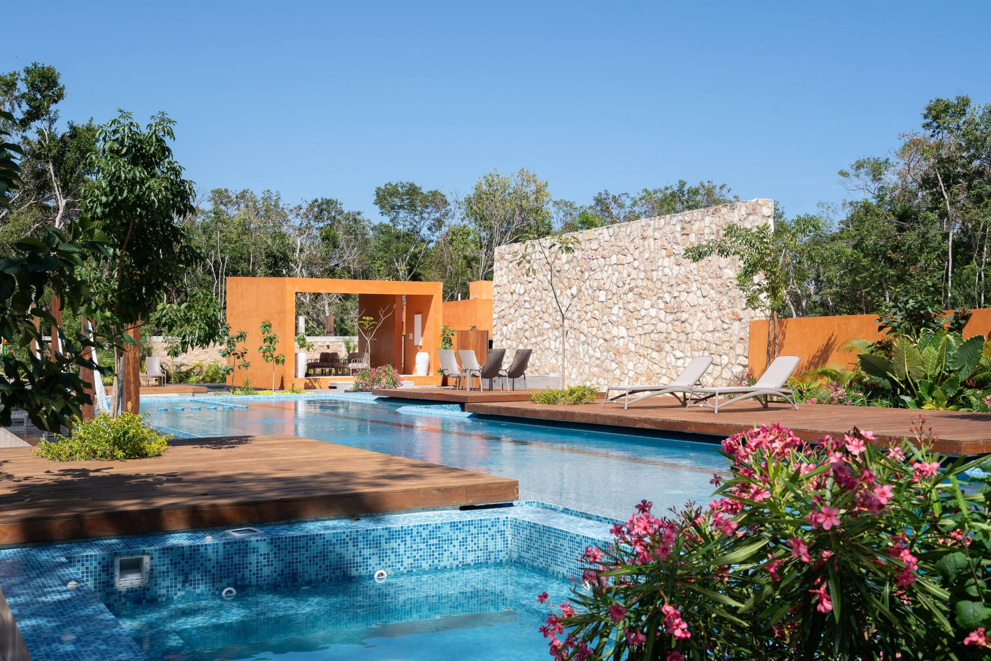 Pool with a Jacuzzi and flowering plants