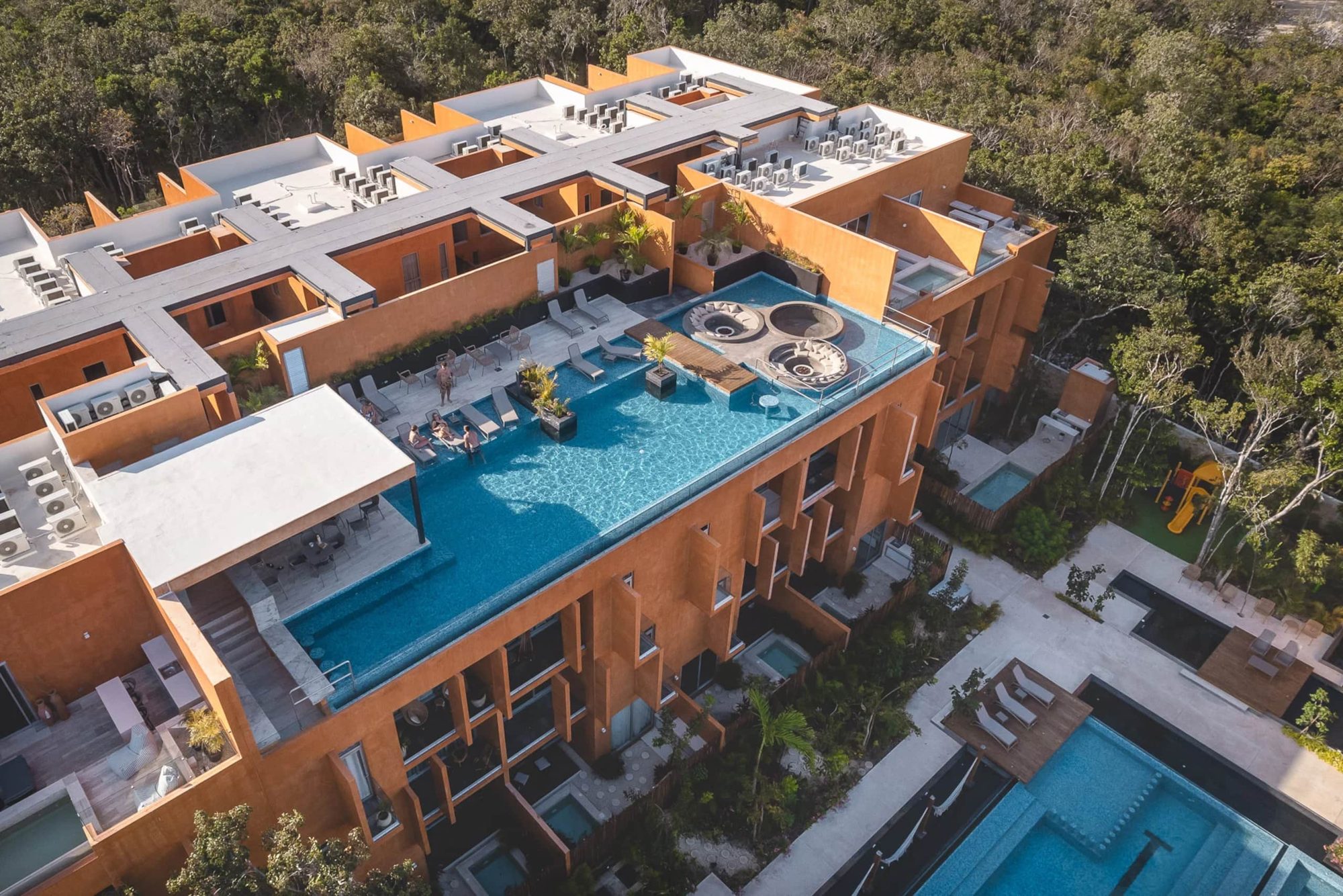 Aerial view of the rooftop pools and lounge areas
