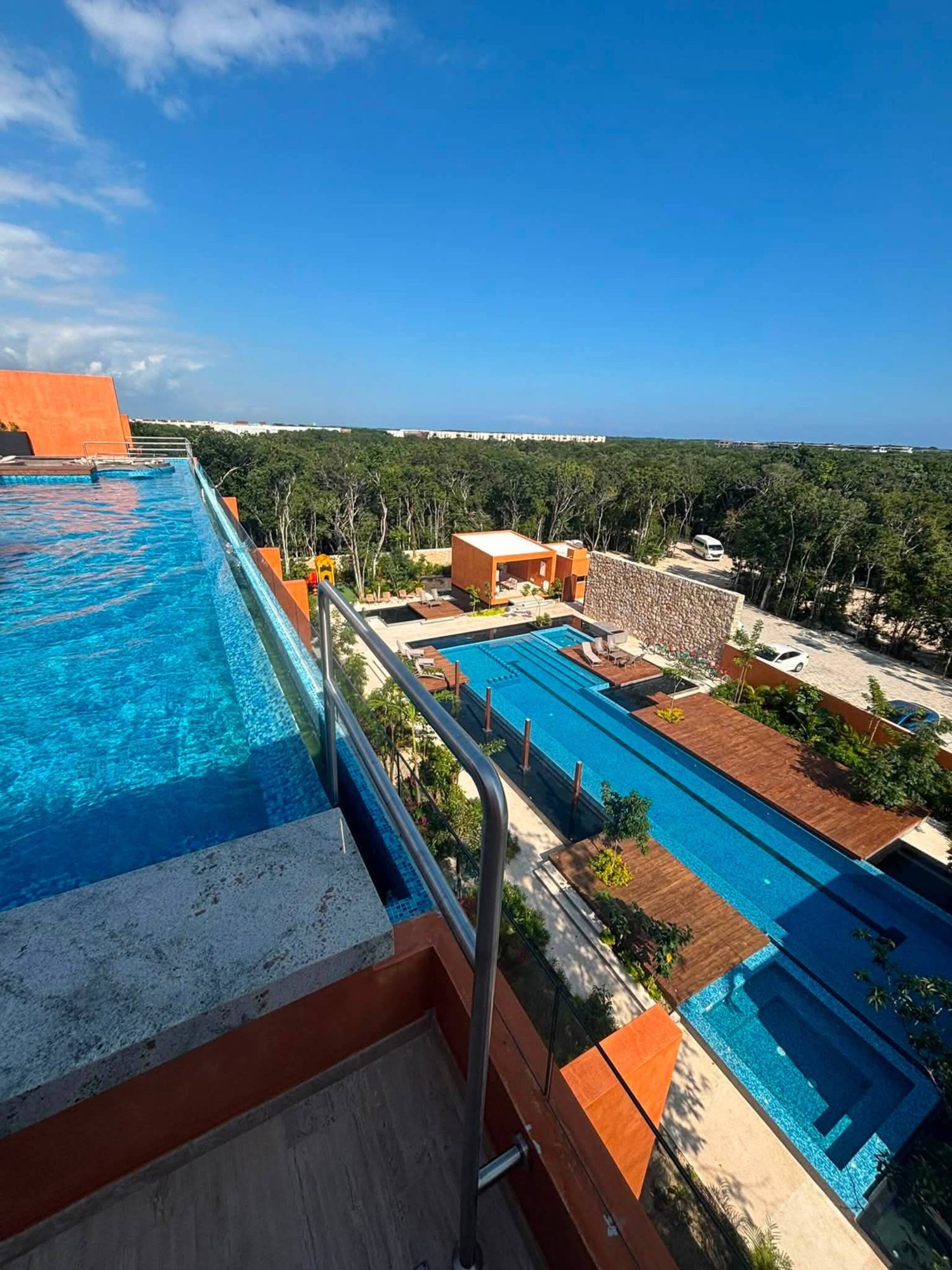 View down to the pools from an upper level