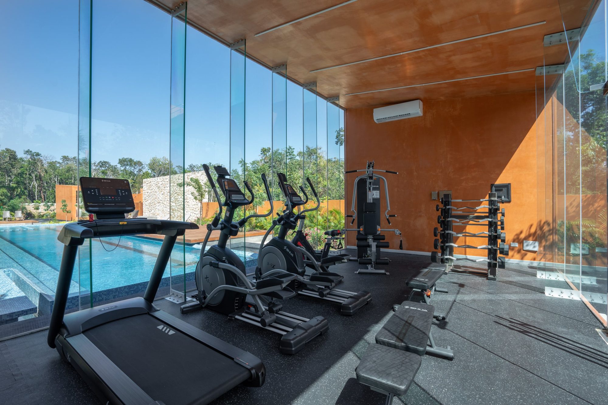 Gym with treadmill and elliptical machines overlooking the pool