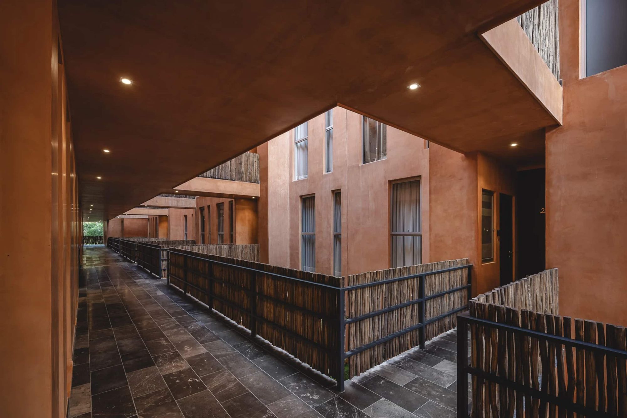 Covered walkway with wooden railings