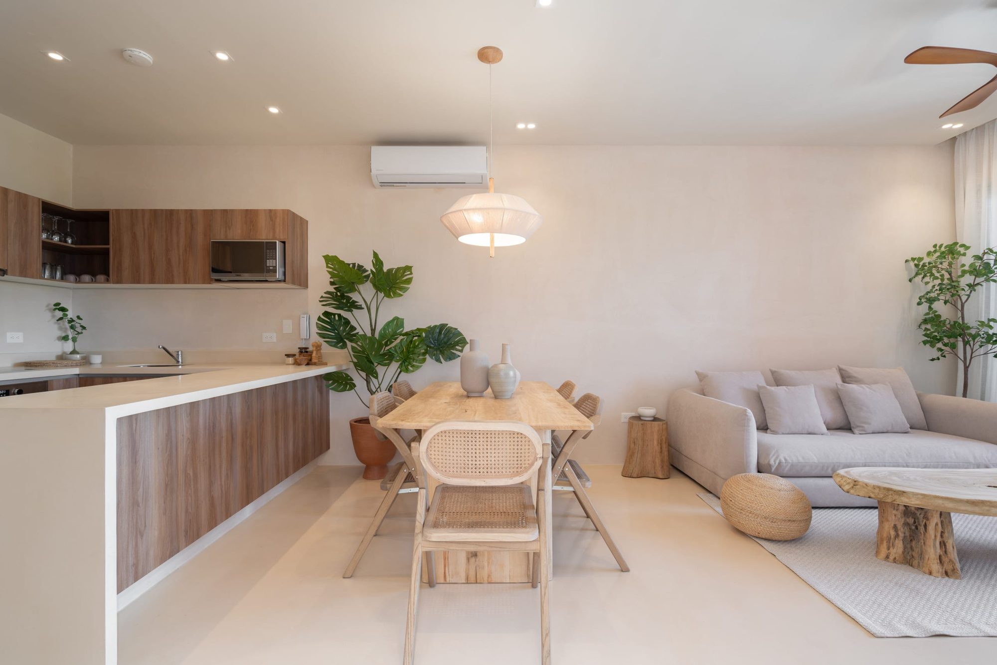 Open kitchen, dining table and living area
